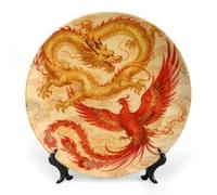 ERSTSNCK Dragon Phoenix Ceramic Decorative Plate 8inch Bone China Wall Hanging Ornament Plates Bohemian Style Dinner Plate with Stand Cabinet Display Plates for Home Art Decor