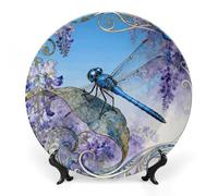 ERSTSNCK Dragonfly Jacaranda Leaf Ceramic Decorative Plate 10inch Bone China Wall Hanging Ornament Plates Bohemian Style Dinner Plate with Stand Cabinet Display Plates for Home Art Decor