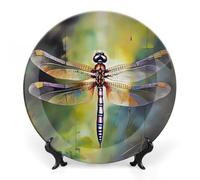 ERSTSNCK Dragonfly Painting Ceramic Decorative Plate 7inch Bone China Wall Hanging Ornament Plates Bohemian Style Dinner Plate with Stand Cabinet Display Plates for Home Art Decor