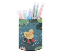 ERSTSNCK Duck in Rainy Pond Pen Holder, Pencil Holder Desktop Stationery Organizer Round Leather Pencil Cup Makeup Brush Storage Box for Office Home And Stationary Supplies