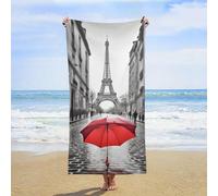 ERSTSNCK Eiffel Tower Paris Red Umbrella Beach Towel Oversized 31" X 63" Absorbent Towels Quick Dry Pool Towel Lightweight Bath Towels Sandproof Beach Blanket for Gym Swimming Sports Travel Gifts