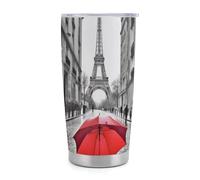 ERSTSNCK Eiffel Tower Paris Red Umbrella Tumbler with Lid And Straw, 20 OZ Stainless Steel Water Bottle Travel Coffee Mug Double Wall Insulated Cup Gifts for Women Men