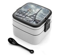 ERSTSNCK Eiffel Tower Winter Rainy Bento Box 1000ml Leak Proof Lunch Container with Removable Dividers & Spoon - BPA-Free PP Stackable Lunch Box for Work, Office, Picnic, Travel, Dining Out