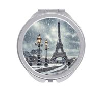 ERSTSNCK Eiffel Tower Winter Rainy Compact Mirror for Purse, Double-Sided 1x/2x Magnifying Metal Pocket Makeup Mirrors, Folding Mini Vanity Mirror, Handheld Round Travel Cosmetic Mirrors for Women