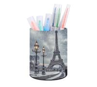 ERSTSNCK Eiffel Tower Winter Rainy Pen Holder, Pencil Holder Desktop Stationery Organizer Round Leather Pencil Cup Makeup Brush Storage Box for Office Home And Stationary Supplies