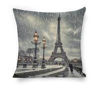 ERSTSNCK Eiffel Tower Winter Rainy Pillow Covers 18"x18" Linen Throw Pillow Covers - Double Sided Decorative Square Cushion Cases for Sofa, Bed, Chair (No Insert Included)