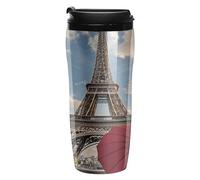ERSTSNCK Eiffel Tower with Red Umbrella 12 Oz Travel Coffee Mug Vacuum Insulated Travel Mug Leakproof Cup with Lid Reusable Coffee Tumbler for Hot And Cold Drinks, Gift for Men And Women