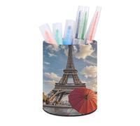 ERSTSNCK Eiffel Tower with Red Umbrella Pen Holder, Pencil Holder Desktop Stationery Organizer Round Leather Pencil Cup Makeup Brush Storage Box for Office Home And Stationary Supplies