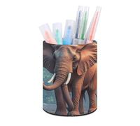 ERSTSNCK Elephants Red Pen Holder, Pencil Holder Desktop Stationery Organizer Round Leather Pencil Cup Makeup Brush Storage Box for Office Home And Stationary Supplies