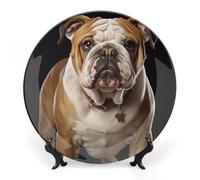ERSTSNCK English Bulldog Ceramic Decorative Plate 8inch Bone China Wall Hanging Ornament Plates Bohemian Style Dinner Plate with Stand Cabinet Display Plates for Home Art Decor