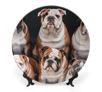 ERSTSNCK English Bulldogs Ceramic Decorative Plate 8inch Bone China Wall Hanging Ornament Plates Bohemian Style Dinner Plate with Stand Cabinet Display Plates for Home Art Decor