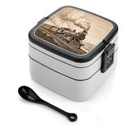 ERSTSNCK Etching Train Bento Box 1000ml Leak Proof Lunch Container with Removable Dividers & Spoon - BPA-Free PP Stackable Lunch Box for Work, Office, Picnic, Travel, Dining Out