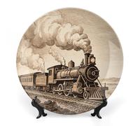 ERSTSNCK Etching Train Ceramic Decorative Plate 7inch Bone China Wall Hanging Ornament Plates Bohemian Style Dinner Plate with Stand Cabinet Display Plates for Home Art Decor