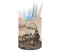 ERSTSNCK Etching Train Pen Holder, Pencil Holder Desktop Stationery Organizer Round Leather Pencil Cup Makeup Brush Storage Box for Office Home And Stationary Supplies