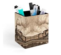 ERSTSNCK Etching Train Pen Holder, Pencil Holder Desktop Stationery Organizer Square Leather Pencil Cup Makeup Brush Storage Box for Office Home And Stationary Supplies