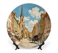 ERSTSNCK European Street View Ceramic Decorative Plate 10inch Bone China Wall Hanging Ornament Plates Bohemian Style Dinner Plate with Stand Cabinet Display Plates for Home Art Decor
