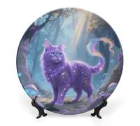 ERSTSNCK Fantasy Cat Ceramic Plate 8inch Decorative Bone China Wall Hanging Ornament Plates Bohemian Style Dinner Plate with Display Stand Cabinet Display Plates for Home Art Decor