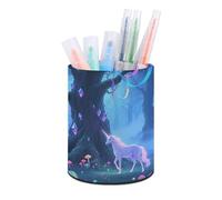 ERSTSNCK Fantasy Forest Pen Holder, Pencil Holder Desktop Stationery Organizer Round Leather Pencil Cup Makeup Brush Storage Box for Office Home And Stationary Supplies