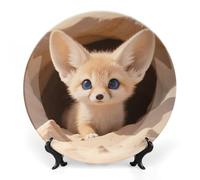 ERSTSNCK Fennec Fox Cub in Den Ceramic Decorative Plate 6inch Bone China Wall Hanging Ornament Plates Bohemian Style Dinner Plate with Stand Cabinet Display Plates for Home Art Decor