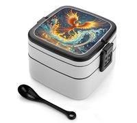 ERSTSNCK Fire And Water Phoenix Bento Box 1000ml Leak Proof Lunch Container with Removable Dividers & Spoon - BPA-Free PP Stackable Lunch Box for Work, Office, Picnic, Travel, Dining Out