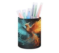 ERSTSNCK Fire And Water Phoenix Pen Holder, Pencil Holder Desktop Stationery Organizer Round Leather Pencil Cup Makeup Brush Storage Box for Office Home And Stationary Supplies