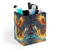 ERSTSNCK Fire And Water Phoenix Pen Holder, Pencil Holder Desktop Stationery Organizer Square Leather Pencil Cup Makeup Brush Storage Box for Office Home And Stationary Supplies
