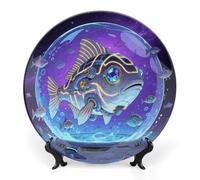 ERSTSNCK Fish Ceramic Plate 8inch Decorative Bone China Wall Hanging Ornament Plates Bohemian Style Dinner Plate with Display Stand Cabinet Display Plates for Home Art Decor