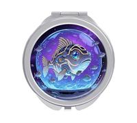 ERSTSNCK Fish Compact Mirror for Purse, Double-Sided 1x/2x Magnifying Metal Pocket Makeup Mirrors, Folding Mini Vanity Mirror, Handheld Round Travel Cosmetic Mirrors for Women