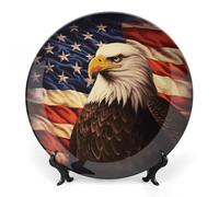 ERSTSNCK Flag And Eagle Ceramic Decorative Plate 7inch Bone China Wall Hanging Ornament Plates Bohemian Style Dinner Plate with Stand Cabinet Display Plates for Home Art Decor
