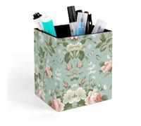 ERSTSNCK Floral Pattern Style Pen Holder, Pencil Holder Desktop Stationery Organizer Square Leather Pencil Cup Makeup Brush Storage Box for Office Home And Stationary Supplies