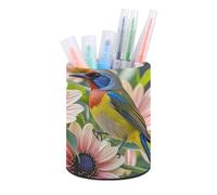 ERSTSNCK Flowers And Birds Pen Holder, Pencil Holder Desktop Stationery Organizer Round Leather Pencil Cup Makeup Brush Storage Box for Office Home And Stationary Supplies