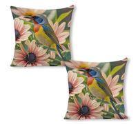 ERSTSNCK Flowers and Birds Pillow Covers 18"x18"（2pcs） Linen Throw Pillow Covers - Double Sided Decorative Square Cushion Cases for Sofa, Bed, Chair (No Insert Included)
