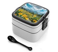 ERSTSNCK Flowers And Green Plants Bento Box 1000ml Leak Proof Lunch Container with Removable Dividers & Spoon - BPA-Free PP Stackable Lunch Box for Work, Office, Picnic, Travel, Dining Out