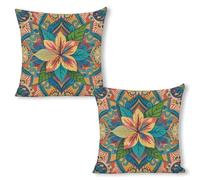 ERSTSNCK Flowers and Hawaiian Tribal Patterns Pillow Covers 18"x18"（2pcs） Linen Throw Pillow Covers - Double Sided Decorative Square Cushion Cases for Sofa, Bed, Chair (No Insert Included)