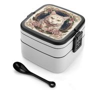 ERSTSNCK Flowers And White Cat Bento Box 1000ml Leak Proof Lunch Container with Removable Dividers & Spoon - BPA-Free PP Stackable Lunch Box for Work, Office, Picnic, Travel, Dining Out