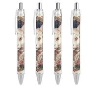 ERSTSNCK Flowers And White Cat Black Ballpoint Pens Fine Point (0.5mm) Black Ink Pen Retractable Ball Point Pens with Comfortable Full Grip for Journaling, And Office Writing Ideal 4 PCS