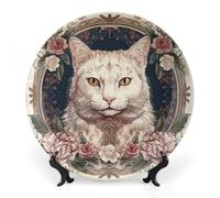 ERSTSNCK Flowers And White Cat Ceramic Decorative Plate 10inch Bone China Wall Hanging Ornament Plates Bohemian Style Dinner Plate with Stand Cabinet Display Plates for Home Art Decor