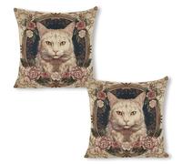 ERSTSNCK Flowers and White Cat Pillow Covers 18"x18"（2pcs） Linen Throw Pillow Covers - Double Sided Decorative Square Cushion Cases for Sofa, Bed, Chair (No Insert Included)