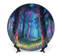 ERSTSNCK Fluorescent Forest Ceramic Plate 6inch Decorative Bone China Wall Hanging Ornament Plates Bohemian Style Dinner Plate with Display Stand Cabinet Display Plates for Home Art Decor