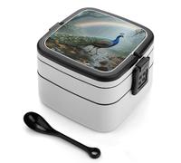 ERSTSNCK Forest Peacock Bento Box 1000ml Leak Proof Lunch Container with Removable Dividers & Spoon - BPA-Free PP Stackable Lunch Box for Work, Office, Picnic, Travel, Dining Out