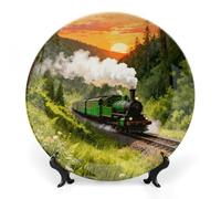 ERSTSNCK Forest Steam Car Ceramic Decorative Plate 6inch Bone China Wall Hanging Ornament Plates Bohemian Style Dinner Plate with Stand Cabinet Display Plates for Home Art Decor