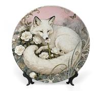 ERSTSNCK Fox Camellia Cluster Ceramic Decorative Plate 6inch Bone China Wall Hanging Ornament Plates Bohemian Style Dinner Plate with Stand Cabinet Display Plates for Home Art Decor