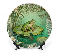 ERSTSNCK Frog Lotus Pad Ceramic Decorative Plate 8inch Bone China Wall Hanging Ornament Plates Bohemian Style Dinner Plate with Stand Cabinet Display Plates for Home Art Decor