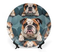 ERSTSNCK Funny English Bulldog Ceramic Decorative Plate 7inch Bone China Wall Hanging Ornament Plates Bohemian Style Dinner Plate with Stand Cabinet Display Plates for Home Art Decor