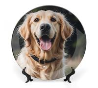 ERSTSNCK Funny Golden Retriever Ceramic Decorative Plate 8inch Bone China Wall Hanging Ornament Plates Bohemian Style Dinner Plate with Stand Cabinet Display Plates for Home Art Decor