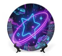 ERSTSNCK Galaxy Space Ceramic Decorative Plate 7inch Bone China Wall Hanging Ornament Plates Bohemian Style Dinner Plate with Stand Cabinet Display Plates for Home Art Decor