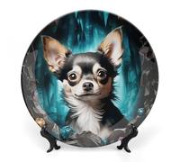 ERSTSNCK Gem Cave Chihuahua Ceramic Decorative Plate 7inch Bone China Wall Hanging Ornament Plates Bohemian Style Dinner Plate with Stand Cabinet Display Plates for Home Art Decor