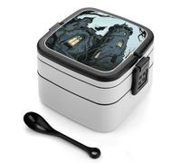 ERSTSNCK Ghost Castle Bento Box 1000ml Leak Proof Lunch Container with Removable Dividers & Spoon - BPA-Free PP Stackable Lunch Box for Work, Office, Picnic, Travel, Dining Out