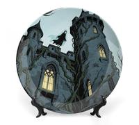 ERSTSNCK Ghost Castle Ceramic Decorative Plate 7inch Bone China Wall Hanging Ornament Plates Bohemian Style Dinner Plate with Stand Cabinet Display Plates for Home Art Decor