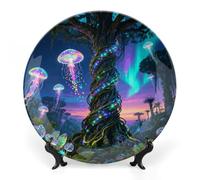 ERSTSNCK Glowing Jellyfish Tree Ceramic Decorative Plate 8inch Bone China Wall Hanging Ornament Plates Bohemian Style Dinner Plate with Stand Cabinet Display Plates for Home Art Decor